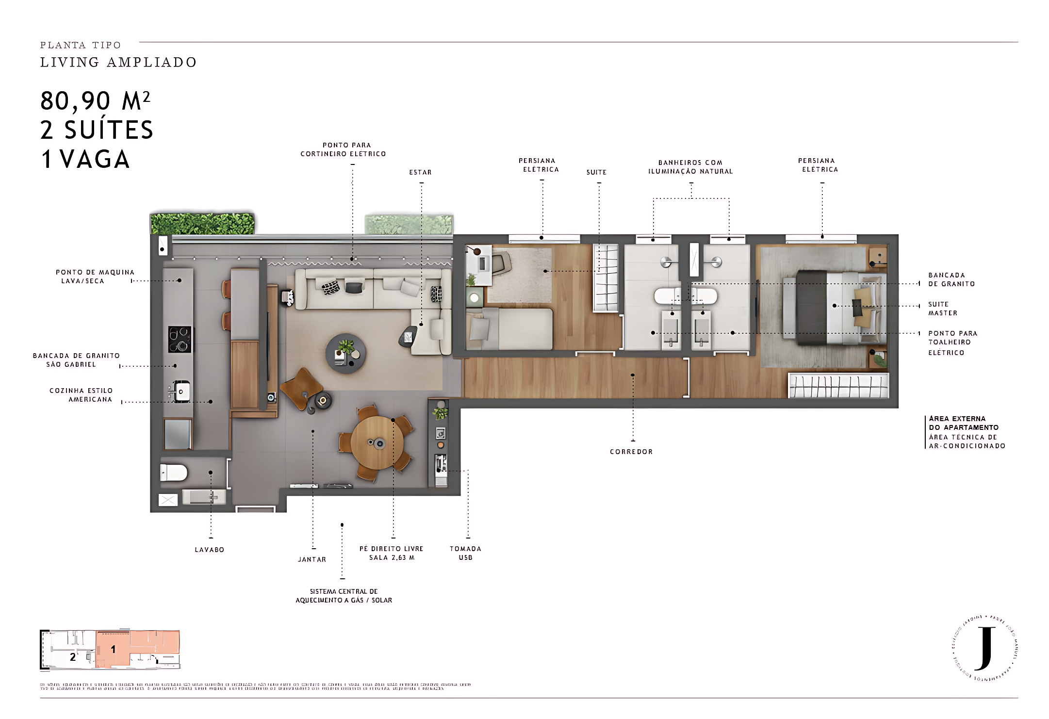 Planta 80m² - 2 suítes